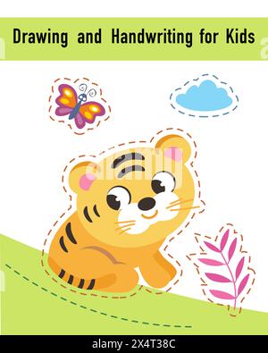 Zeichnung und Handschrift für Kinder. Lernspiel-Arbeitsblatt für Kinder. Lustige Zeichentrickfiguren. Vektorabbildung. Stock Vektor