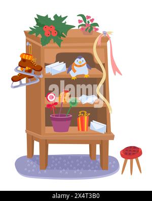 Brauner Holzschrank mit Regalen und Weihnachtsspielzeug, Buchstaben. Vektor-Zeichentrick-Illustration. Möbel für den Innenraum. Isolierte Objekte auf weiß Stock Vektor