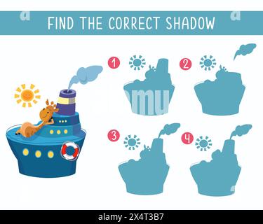 Finden Sie den richtigen Schatten. Spiel für Kinder. Süße Giraffe und Schiff auf weißem Hintergrund. Zeichen in flacher Form. Vektor-isolierte Illustration auf weiß Stock Vektor