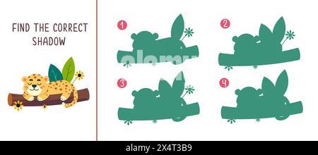 Finden Sie den richtigen Schatten. Spiel für Kinder. Aktivität, Illustration der Vektorkinder. Niedlicher, flacher Cartoon jaguar im Dschungel Stock Vektor