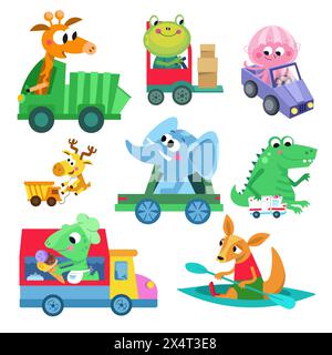 Niedliche Charaktere in Autos. Großer Transport- und Tierbestand. Karikaturabbildungen isoliert auf weißem Hintergrund. Vektorbild. Stock Vektor