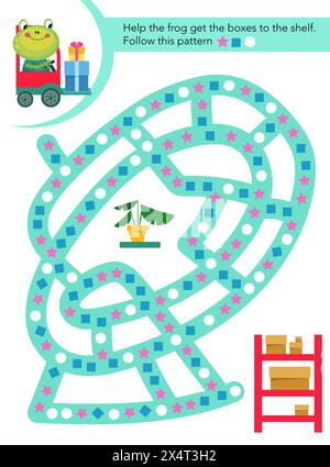 Labyrinth-Spiel, Aktivität für Kinder. Folgen Sie diesem Muster. Vektorabbildung. Stellen Sie sich einen Frosch im Auto vor. Niedliche Tiere. Zeichentrickfiguren. Stock Vektor