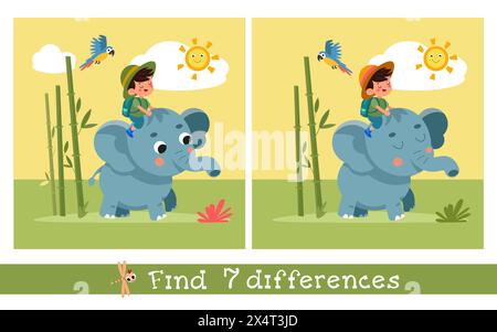 Süßer Comic-Elefant und Junge. Flache, einfache Illustration. 7 Unterschiede finden. Pädagogisches Puzzlespiel für Kinder. Vektorgrafiken Stock Vektor