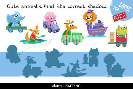 Finden Sie den richtigen Schatten. Puzzlespiel für Kinder. Niedliche Charaktere im Zeichentrickstil. Tiere und isolierte Transporte auf weißem Hintergrund. Vorschulaktivität Stock Vektor