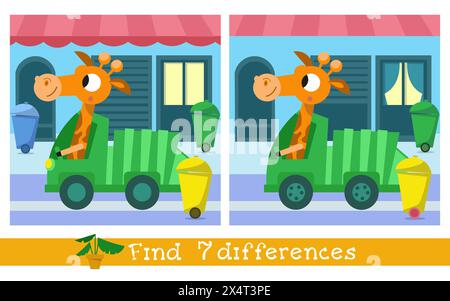 7 Unterschiede finden. Spiel für Kinder. Karte mit niedlicher Figur im Cartoon-Stil. Giraffe und Müllwagen. Bildung für Kinder. Vorschulaktivität Stock Vektor