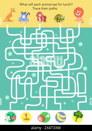 Labyrinth-Spiel, Aktivität für Kinder. Vektorabbildung. Afrikanische australische Tiere und Mittagessen. Tracing von Pfaden. Niedliche Zeichentrickfiguren. Stock Vektor