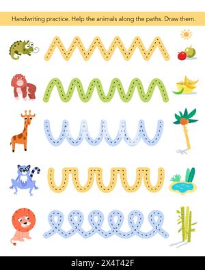 Arbeitsblatt für Vorschulkinder. Aktivität für Kinder. Schreibpraxis. Cartoon niedliche Tiere im Dschungel. Vektorabbildung. Stock Vektor