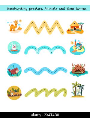Handschriftenpraxis. Tier und ihr Zuhause. Puzzlespiel für Vorschulkinder. Aktivität für Kinder. Illustration des Zeichentrickvektors. Stock Vektor