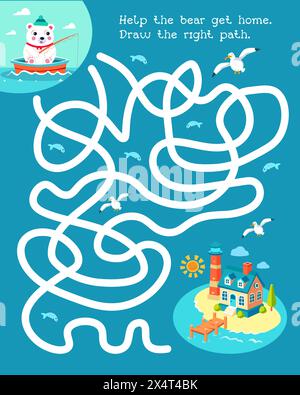 Labyrinth für Kinder. Aktivität und Bildung. Puzzle-Labyrinth für Kinder. Niedliche Zeichentrickfiguren. Hilf dem Bärenjungen, nach Hause zu kommen. Pfad zeichnen. Vektor Stock Vektor