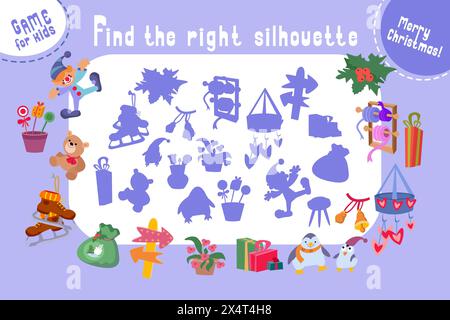 Finde die richtige Silhouette, Schatten. Puzzlespiel für Kinder. Große Auswahl an Weihnachtsartikeln. Niedliche Zeichentrickfigur und Objekte. Abbildung der Vektorfarbe. Stock Vektor