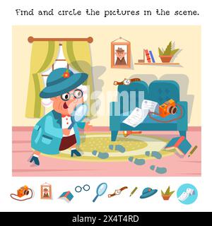 Suchen Sie die ausgeblendeten Objekte im Bild. Lehrreiches Puzzlespiel für Kinder. Niedliche Comic-Großmutter mit Lupe. Illustration der Vektorfarbe Stock Vektor