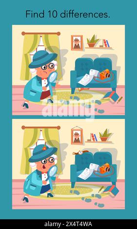 Finde 10 Unterschiede. Lehrreiches Puzzlespiel für Kinder. Niedliche Comic-Großmutter mit Lupe. Abbildung der Vektorfarbe. Detective und Stock Vektor