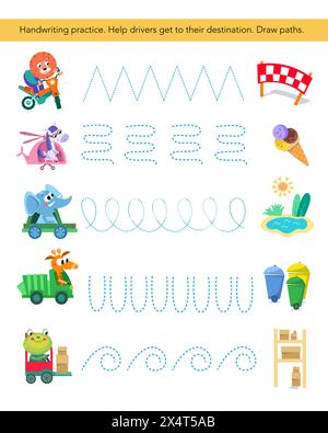 Arbeitsblatt für Vorschulkinder. Aktivität für Kinder. Schreibpraxis. Cartoon niedliche Tiere in Autos. Vektorabbildung Stock Vektor