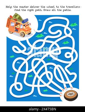 Labyrinth-Spiel, Aktivität für Kinder. Vektorabbildung. Puzzle für Kinder. Hilf dem Meister, das Rad den Reisenden zu liefern. Niedliches Cartoon-Auto mit Stock Vektor