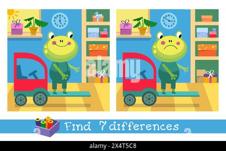 7 Unterschiede finden. Spiel für Kinder. Frosch und Gabelstapler. Erziehung für Kinder. Vorschulaktivität. Vektorabbildung. Stock Vektor