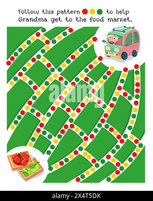 Labyrinth-Spiel, Aktivität für Kinder. Puzzle für Kinder. Folgen Sie dem Muster, zeichnen Sie Linien. Hilf Oma, auf den Lebensmittelmarkt zu kommen. Vektorabbildung. Stock Vektor
