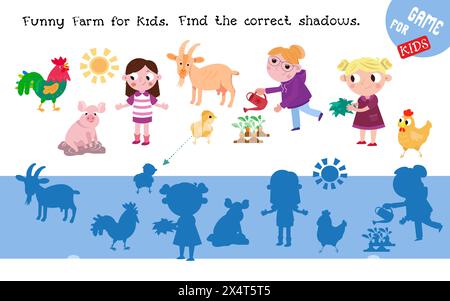 Suchen Sie Schatten. Lehrreiches Puzzlespiel für Kinder. Lustige Zeichentrickfiguren. Niedliche Zeichentrickserie mit Tieren und Menschen auf der Farm. Vektorabbildung. Stock Vektor