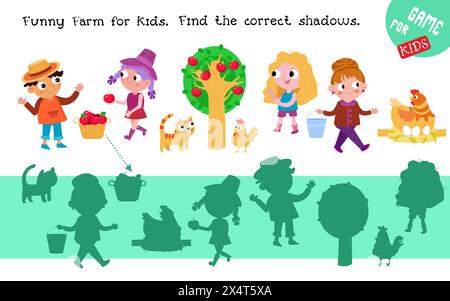 Suchen Sie Schatten. Lehrreiches Puzzlespiel für Kinder. Lustige Zeichentrickfiguren. Niedliche Zeichentrickserie mit Tieren und Menschen auf der Farm. Vektorabbildung. Stock Vektor