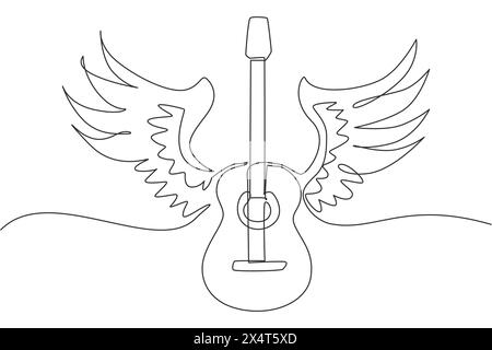 Einzeilige Akustikgitarre mit Engelsflügeln. Musikinstrument mit schwarzer und weißer Illustration. Rockkonzert. Musikalisches Emblem. Modus Stock Vektor