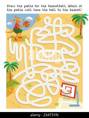 Labyrinth-Spiel, Aktivität für Kinder. Zeichne Wege für den Ball. Welchen Weg wird der Ball nehmen, um zum Korb zu gelangen? Vektorabbildung. Süßes Känguru Stock Vektor