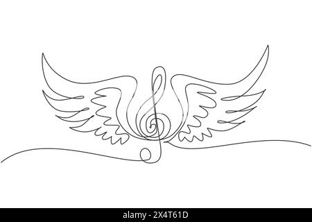 Durchgehende, einzeilige Zeichnung der Höhen mit Flügeln isoliert auf weißem Hintergrund. Geflügelte Feder Violinschlüssel oder Musiksymbol. Musikalisches Logo-Symbol. Einzel Stock Vektor