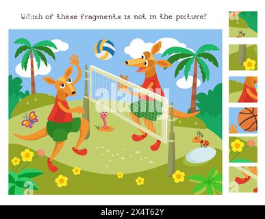 Finde die versteckten Fragmente. Lernspiel-Puzzle für Kinder. Süße Kängurus spielen Volleyball. Sport für Kinder. Vektor-Zeichentrick-Illustration Stock Vektor