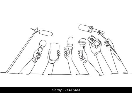 Durchgehende einzeilige Zeichenhand mit Mikrofon. Journalismuskonzept. Satz Hände, die Mikrofone halten. Drücken Sie die Hände flach. Mikrofon. Journalist. Stock Vektor