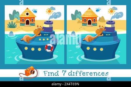 7 Unterschiede finden. Pädagogisches Puzzlespiel für Kinder. Niedliche Giraffe auf dem Schiff. Sommer und Urlaub, Reisen. Zeichentrickszene für Design. Vektor Stock Vektor