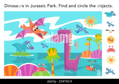 Suchen Sie ausgeblendete Objekte im Bild. Lehrreiches Puzzlespiel für Kinder. Niedliche flache, einfache Dinosaurier im Jurassic Park. Illustration der Vektorfarbe. Cartoon Stock Vektor