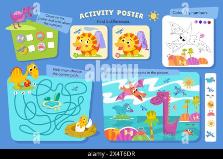 Rätsel, Labyrinth, Unterschiede finden, Zahlen schreiben. Ausmalseite. Spiele für Kinder der Vorschule. Niedliche Cartoon-Dinosaurier. Vektorabbildung. Stock Vektor