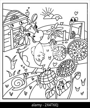 Süße Kühe auf der Farm. Szene zum Einfärben. Schwarzweißbild, Kontur. Handgezeichnete Abbildung. Malbuch für Kinder. Stock Vektor