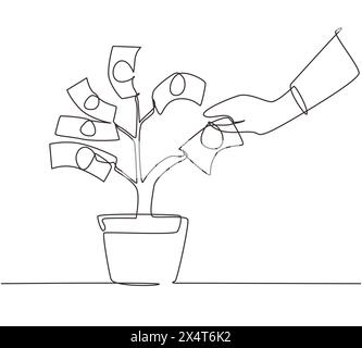 Eine einzelne durchgehende Zeichnungslinie nimmt die Dollarscheine vom Geldbaum auf. Hand eines Geschäftsmannes, der Geldbaum gießt. Konzept des Einkommens, Erfolg in Stock Vektor