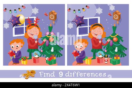 9 Unterschiede finden. Pädagogisches Puzzlespiel für Kinder. Süßer Junge und Mädchen im Weihnachtskostüm singen ein Lied. Vektorabbildung. Stock Vektor