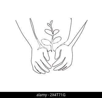 Eine einzige Linie, die die Hände des Bauern zieht, einen jungen Baum wächst, die Welt retten, die Welt heilen, die Natur lieben. Ökologischer Setzbaum, der an Land wächst und pflanzt. Stock Vektor