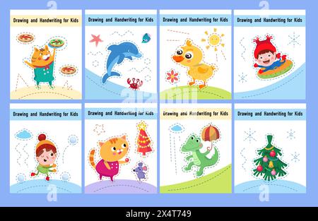 Zeichnung und Handschrift für Kinder. Spielset für pädagogische Aktivitäten, Arbeitsblatt für Kinder. Lustige Zeichentrickfiguren. Vektorabbildung. Stock Vektor
