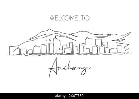 Eine Linie zeichnet die Skyline von Anchorage, Alaska. Berühmte Stadt für Wanddekorationen. Das beste Reiseziel der Urlaubswelt. Bearbeitbare konti Stock Vektor