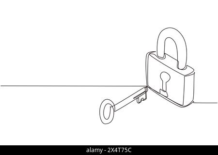 Einzelne durchgehende Linienzeichnung, Sperre und Schlüssel, isometrisches Bild. Schlüssel und Schloss. Abbildung Sicherheitsschloss mit Schlüsselsymbol. Erfolg, Lösung, Chance und Sicherheit Stock Vektor