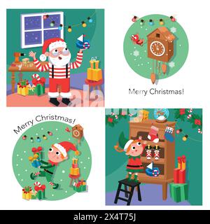 Süßer Elf und Weihnachtsmann mit Geschenken für Kinder. Weihnachtsworkshop. Vektor-Zeichentrickszenen für die Dekoration von Karten, Büchern. Frohe Weihnachten. Stock Vektor