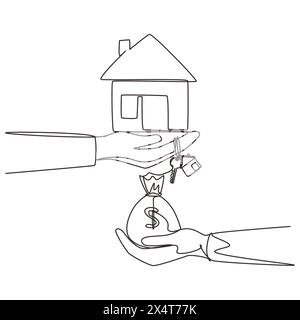 Eine einzelne fortlaufende Linie zeichnet Häuser, refinanziert Ihre Häuser, ändert die Aktivierung von Anlagen. Ein Haus kaufen. Verkaufs- und Kaufkonzept. Stock Vektor