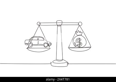 Durchgehend eine Linie ziehen Geldsack skaliert Konzept mit einem Auto auf der einen Seite und einem Geldsack auf der anderen Seite. Verkauf und Kauf eines neuen Fahrzeugkonzepts. Einfach Stock Vektor