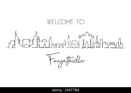 Eine einzige Linie zeichnet die Skyline von Fayetteville, Arkansas. Berühmte Stadt-Kratzer-Landschaft. World Travel Home Wanddekor Kunstdruck Konzept. Continuo Stock Vektor