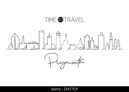 Eine einzige Linie zeichnet die Skyline von Plymouth, England. Berühmte Stadt-Kratzer-Landschaft. World Travel Home Wanddekor Kunstdruck Konzept. Continuo Stock Vektor