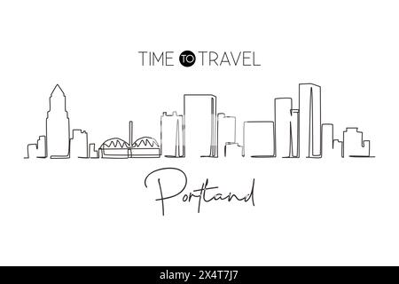 Durchgehende Linie mit der Skyline von Portland, Oregon. Berühmte Stadt-Kratzer-Landschaft. World Travel Home Wanddekor Kunstdruck Konzept. Einzel Stock Vektor