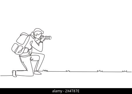 Durchgehende einzeilige Zeichnung kniender Mann Fotograf mit Teleobjektiv und Rucksack. Touristen machen Naturfotografien und Fotografieren in authentischer Situation Stock Vektor