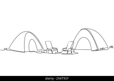 Einzeilige Zeichnung der Campinglandschaft auf dem Campingplatz. Zwei Zelte mit zwei Sesseln im Wald auf Gras. Sommercamping in der Natur. Ökotourismus. Stock Vektor