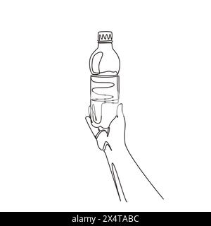 Ein einzelner, durchgehender Zeichner quetscht eine leere Plastikflasche auf weißem Hintergrund in die Hand. Kunststoffproblem und -Ausfall oder Entsorgung und Recycling Stock Vektor