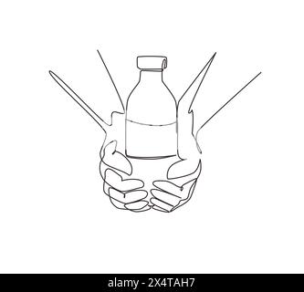 Einzelne einzeilige Zeichnungshände halten Glasflaschen mit pflanzlicher laktosefreier Milch, hat gesunde Ernährung. Alternative Getränke ohne Milchprodukte. Moderne konti Stock Vektor