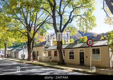 Kolonialhäuser in Herbstfarben, Buckingham Street, Arrowtown, Otago, South Island, Neuseeland Stockfoto