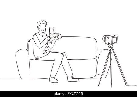 Einzelne durchgehende Linienzeichnung Social-Media-Influencer, der Stiefel überprüft. Ein lächelnder junger arabischer Mann, der sich über den Sportschuh von Männern beschwert und sich selbst filmt Stock Vektor