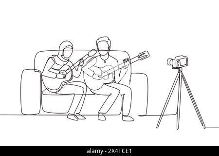 Einzelne durchgehende Linie zeichnet ein arabisches Paar Vlog Influencer, der Musik-Show für Streaming Online-Publikum zu Hause. Mann Frau spielt Stock Vektor